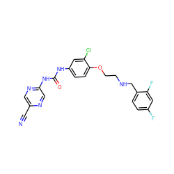 N#Cc1cnc(NC(=O)Nc2ccc(OCCNCc3ccc(F)cc3F)c(Cl)c2)cn1 ZINC000140091402