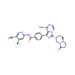 N#Cc1cnc(NC(=O)c2ccc(-c3nc([C@@H]4CC[C@H]5CCC(=O)N5C4)n4ccnc(N)c34)cc2)cc1C(F)(F)F ZINC000145477433