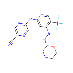 N#Cc1cnc(Nc2cc(NC[C@H]3CNCCO3)c(C(F)(F)F)cn2)cn1 ZINC000205442186