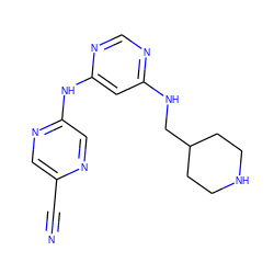 N#Cc1cnc(Nc2cc(NCC3CCNCC3)ncn2)cn1 ZINC000082153556