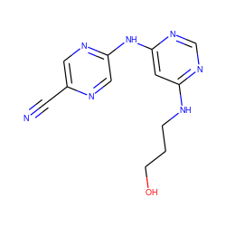 N#Cc1cnc(Nc2cc(NCCCO)ncn2)cn1 ZINC000082154493