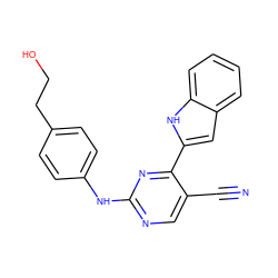 N#Cc1cnc(Nc2ccc(CCO)cc2)nc1-c1cc2ccccc2[nH]1 ZINC000028819663