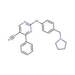 N#Cc1cnc(Nc2ccc(CN3CCCC3)cc2)nc1-c1ccccc1 ZINC000028819440