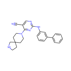 N#Cc1cnc(Nc2cccc(-c3ccccc3)c2)nc1N1CCC2(CCNC2)CC1 ZINC000145318210