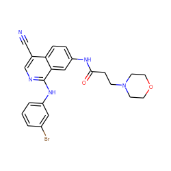 N#Cc1cnc(Nc2cccc(Br)c2)c2cc(NC(=O)CCN3CCOCC3)ccc12 ZINC000066251481