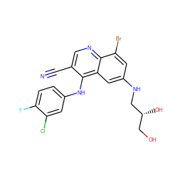 N#Cc1cnc2c(Br)cc(NC[C@H](O)CO)cc2c1Nc1ccc(F)c(Cl)c1 ZINC000014977420