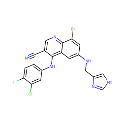 N#Cc1cnc2c(Br)cc(NCc3c[nH]cn3)cc2c1Nc1ccc(F)c(Cl)c1 ZINC000014977349