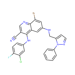 N#Cc1cnc2c(Br)cc(NCc3ccnn3-c3ccccc3)cc2c1Nc1ccc(F)c(Cl)c1 ZINC000014977397