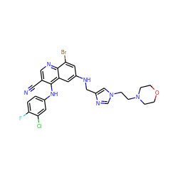 N#Cc1cnc2c(Br)cc(NCc3cn(CCN4CCOCC4)cn3)cc2c1Nc1ccc(F)c(Cl)c1 ZINC000014977474