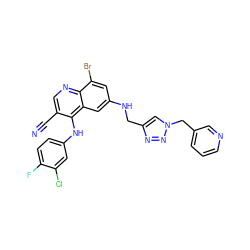 N#Cc1cnc2c(Br)cc(NCc3cn(Cc4cccnc4)nn3)cc2c1Nc1ccc(F)c(Cl)c1 ZINC000042890343