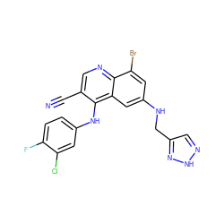 N#Cc1cnc2c(Br)cc(NCc3cn[nH]n3)cc2c1Nc1ccc(F)c(Cl)c1 ZINC000014977435