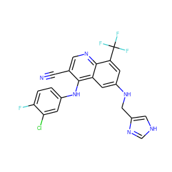 N#Cc1cnc2c(C(F)(F)F)cc(NCc3c[nH]cn3)cc2c1Nc1ccc(F)c(Cl)c1 ZINC000014977351