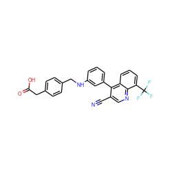 N#Cc1cnc2c(C(F)(F)F)cccc2c1-c1cccc(NCc2ccc(CC(=O)O)cc2)c1 ZINC000014972525