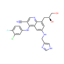 N#Cc1cnc2c(C[C@H](O)CO)cc(NCc3c[nH]cn3)cc2c1Nc1ccc(F)c(Cl)c1 ZINC000014977375