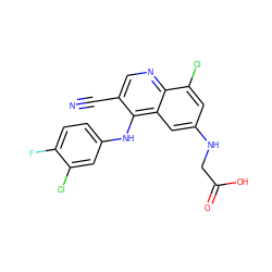 N#Cc1cnc2c(Cl)cc(NCC(=O)O)cc2c1Nc1ccc(F)c(Cl)c1 ZINC000014977429