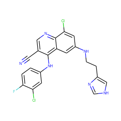 N#Cc1cnc2c(Cl)cc(NCCc3c[nH]cn3)cc2c1Nc1ccc(F)c(Cl)c1 ZINC000014977387