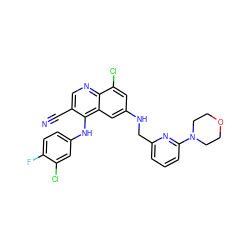 N#Cc1cnc2c(Cl)cc(NCc3cccc(N4CCOCC4)n3)cc2c1Nc1ccc(F)c(Cl)c1 ZINC000014977414