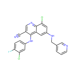 N#Cc1cnc2c(Cl)cc(NCc3cccnc3)cc2c1Nc1ccc(F)c(Cl)c1 ZINC000014977402