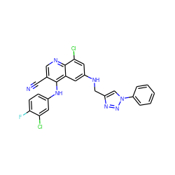 N#Cc1cnc2c(Cl)cc(NCc3cn(-c4ccccc4)nn3)cc2c1Nc1ccc(F)c(Cl)c1 ZINC000040975111