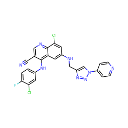 N#Cc1cnc2c(Cl)cc(NCc3cn(-c4ccncc4)nn3)cc2c1Nc1ccc(F)c(Cl)c1 ZINC000040938278