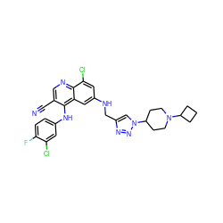 N#Cc1cnc2c(Cl)cc(NCc3cn(C4CCN(C5CCC5)CC4)nn3)cc2c1Nc1ccc(F)c(Cl)c1 ZINC000042803575