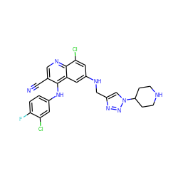 N#Cc1cnc2c(Cl)cc(NCc3cn(C4CCNCC4)nn3)cc2c1Nc1ccc(F)c(Cl)c1 ZINC000040973094