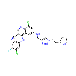 N#Cc1cnc2c(Cl)cc(NCc3cn(CC[C@@H]4CCCN4)nn3)cc2c1Nc1ccc(F)c(Cl)c1 ZINC000049881652