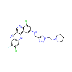 N#Cc1cnc2c(Cl)cc(NCc3cn(CCN4CCCCC4)nn3)cc2c1Nc1ccc(F)c(Cl)c1 ZINC000049881812