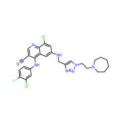 N#Cc1cnc2c(Cl)cc(NCc3cn(CCN4CCCCCC4)nn3)cc2c1Nc1ccc(F)c(Cl)c1 ZINC000043132692