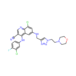 N#Cc1cnc2c(Cl)cc(NCc3cn(CCN4CCOCC4)nn3)cc2c1Nc1ccc(F)c(Cl)c1 ZINC000049881735