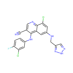 N#Cc1cnc2c(Cl)cc(NCc3cn[nH]n3)cc2c1Nc1ccc(F)c(Cl)c1 ZINC000040425134