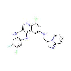 N#Cc1cnc2c(Cl)cc(NCc3cnc4ccccn34)cc2c1Nc1ccc(F)c(Cl)c1 ZINC000014977399