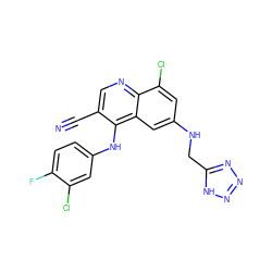 N#Cc1cnc2c(Cl)cc(NCc3nnn[nH]3)cc2c1Nc1ccc(F)c(Cl)c1 ZINC000014977426