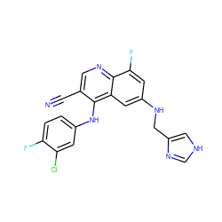 N#Cc1cnc2c(F)cc(NCc3c[nH]cn3)cc2c1Nc1ccc(F)c(Cl)c1 ZINC000014977343