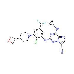 N#Cc1cnc2c(NC3CC3)nc(Nc3cc(C(F)F)cc(N4CCC(C5COC5)CC4)c3Cl)nn12 ZINC000169711941