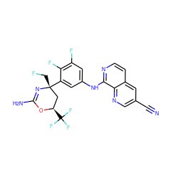 N#Cc1cnc2c(Nc3cc(F)c(F)c([C@]4(CF)C[C@@H](C(F)(F)F)OC(N)=N4)c3)nccc2c1 ZINC000223537693