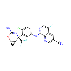 N#Cc1cnc2c(Nc3ccc(Cl)c([C@@]4(C(F)F)N=C(N)O[C@@H]5C[C@@H]54)c3)ncc(F)c2c1 ZINC000220653238