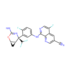 N#Cc1cnc2c(Nc3ccc(F)c([C@@]4(C(F)F)N=C(N)O[C@@H]5C[C@@H]54)c3)ncc(F)c2c1 ZINC000220653331