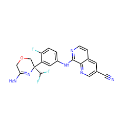 N#Cc1cnc2c(Nc3ccc(F)c([C@]4(C(F)F)COCC(N)=N4)c3)nccc2c1 ZINC000145409556