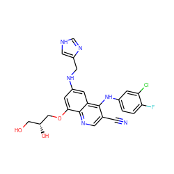 N#Cc1cnc2c(OC[C@H](O)CO)cc(NCc3c[nH]cn3)cc2c1Nc1ccc(F)c(Cl)c1 ZINC000014977381