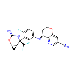 N#Cc1cnc2c(c1)OCC[C@@H]2Nc1ccc(F)c([C@@]2(C(F)F)NC(=N)O[C@@H]3C[C@@H]32)c1 ZINC000473213452