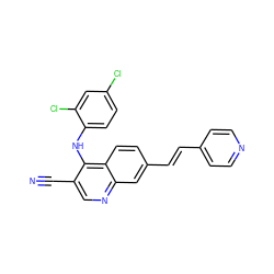 N#Cc1cnc2cc(/C=C/c3ccncc3)ccc2c1Nc1ccc(Cl)cc1Cl ZINC000014945470