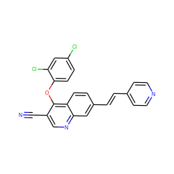 N#Cc1cnc2cc(/C=C/c3ccncc3)ccc2c1Oc1ccc(Cl)cc1Cl ZINC000014945495