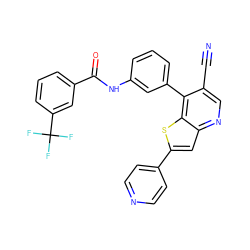 N#Cc1cnc2cc(-c3ccncc3)sc2c1-c1cccc(NC(=O)c2cccc(C(F)(F)F)c2)c1 ZINC000049113795