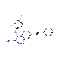 N#Cc1cnc2cc(C#Cc3cccnc3)ccc2c1Nc1ccc(Cl)cc1Cl ZINC000014945492