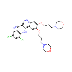 N#Cc1cnc2cc(OCCCN3CCOCC3)c(OCCCN3CCOCC3)cc2c1Nc1ccc(Cl)cc1Cl ZINC000014944628