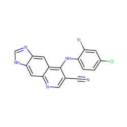 N#Cc1cnc2cc3[nH]cnc3cc2c1Nc1ccc(Cl)cc1Br ZINC000013818529