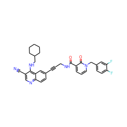 N#Cc1cnc2ccc(C#CCNC(=O)c3cccn(Cc4ccc(F)c(F)c4)c3=O)cc2c1NCC1CCCCC1 ZINC000096176351