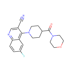 N#Cc1cnc2ccc(F)cc2c1N1CCC(C(=O)N2CCOCC2)CC1 ZINC000064473688