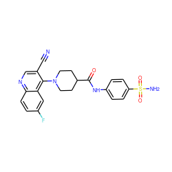 N#Cc1cnc2ccc(F)cc2c1N1CCC(C(=O)Nc2ccc(S(N)(=O)=O)cc2)CC1 ZINC001772577680